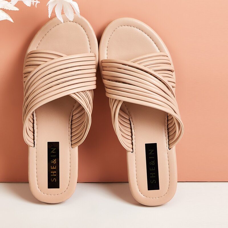 Cross Strap Wide Fit Sliders, Pink