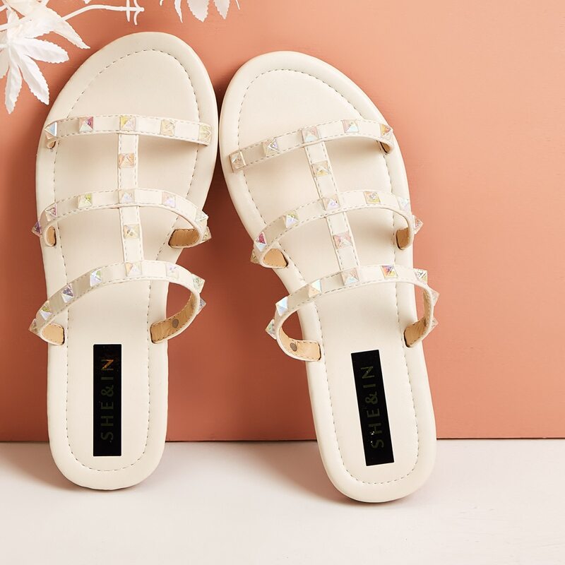 

Studded Decor Wide Fit Sliders, Beige