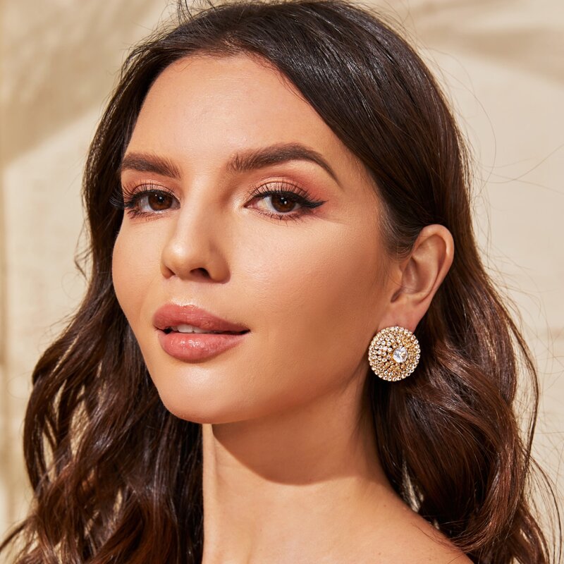 

1pair Rhinestone Decor Round Stud Earrings, Gold