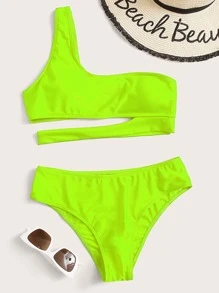 Neon Lime Cut-Out One Shoulder Bikini Set Summer Beach - Green - View 1
