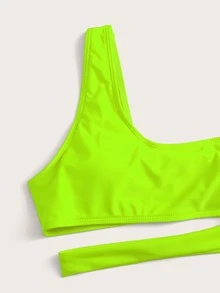 Neon Lime Cut-Out One Shoulder Bikini Set Summer Beach - Green - View 4