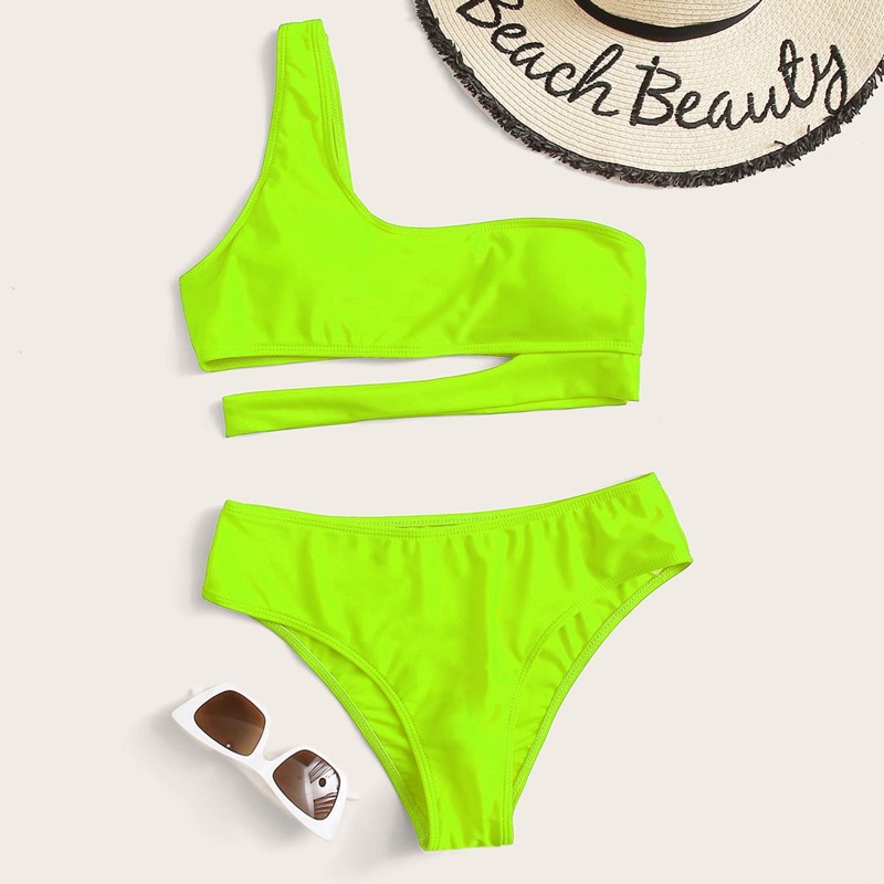 

Neon Lime Cut-out One Shoulder Bikini Swimsuit, Green bright