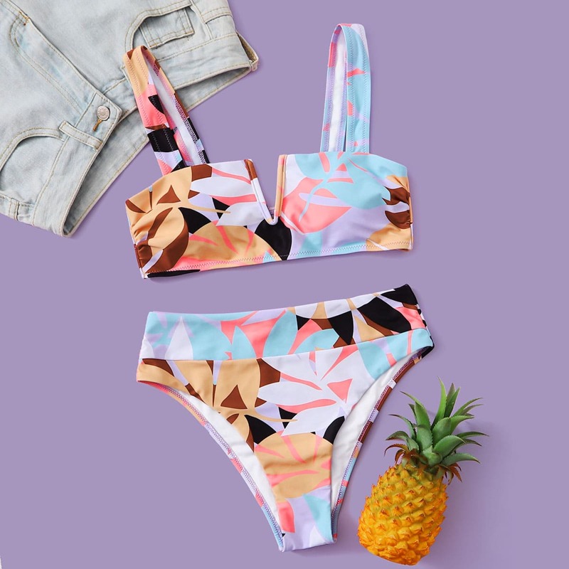 

Leaf Print V Wired Bikini Swimsuit, Multicolor