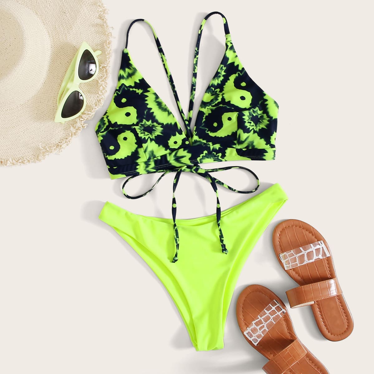 

Neon Lime Tie Dye Bikini Swimsuit, Green bright