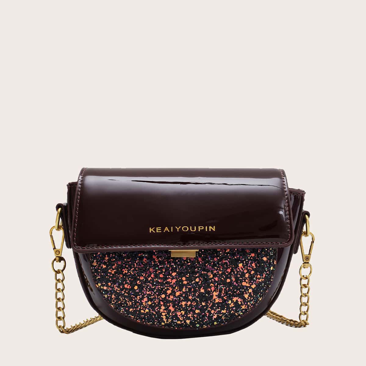 

Glitter Decor Flap Crossbody Bag, Brown