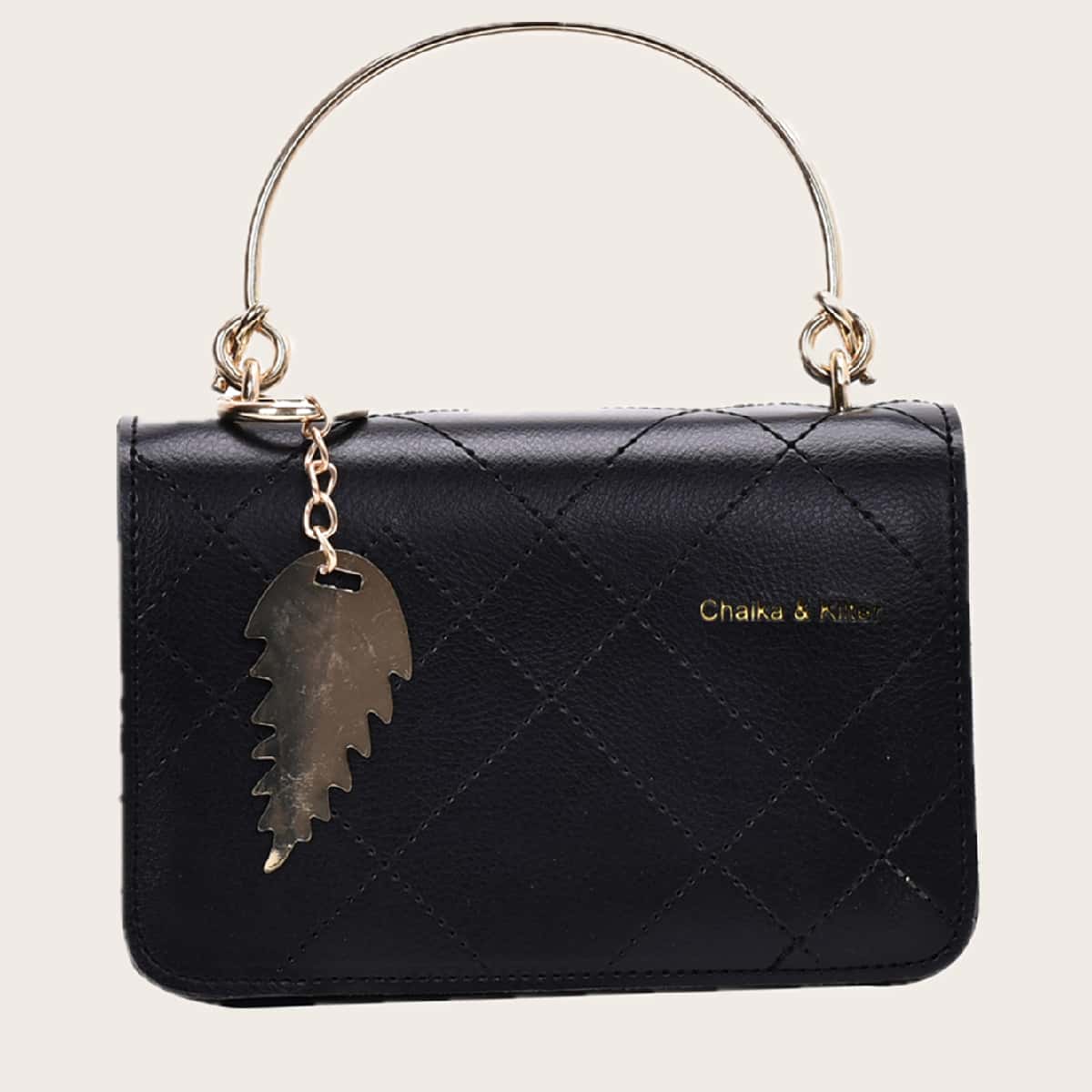 

Metal Leaf Charm Satchel Bag, Black