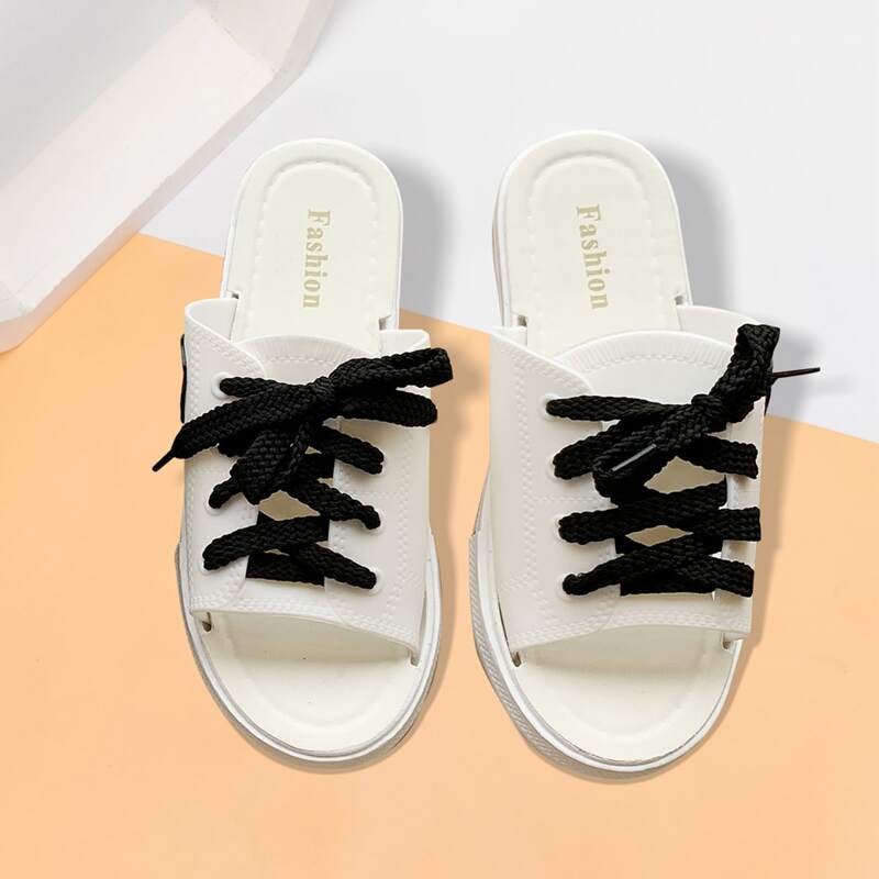 

Lace-up Front Sliders, White