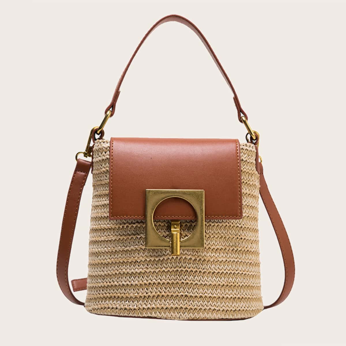 

Metal Lock Woven Bucket Satchel Bag, Beige