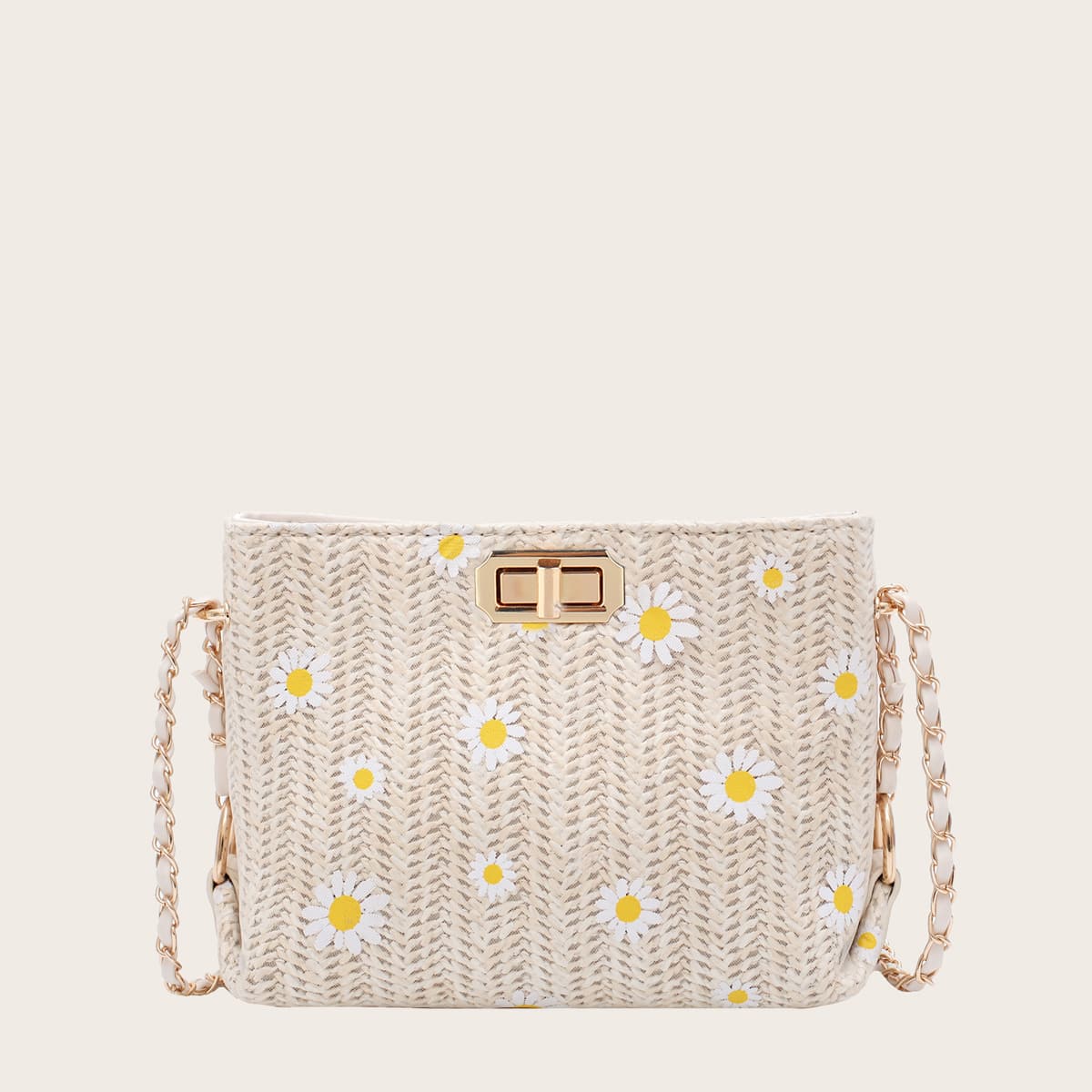 

Daisy Floral Woven Crossbody Bag, Beige
