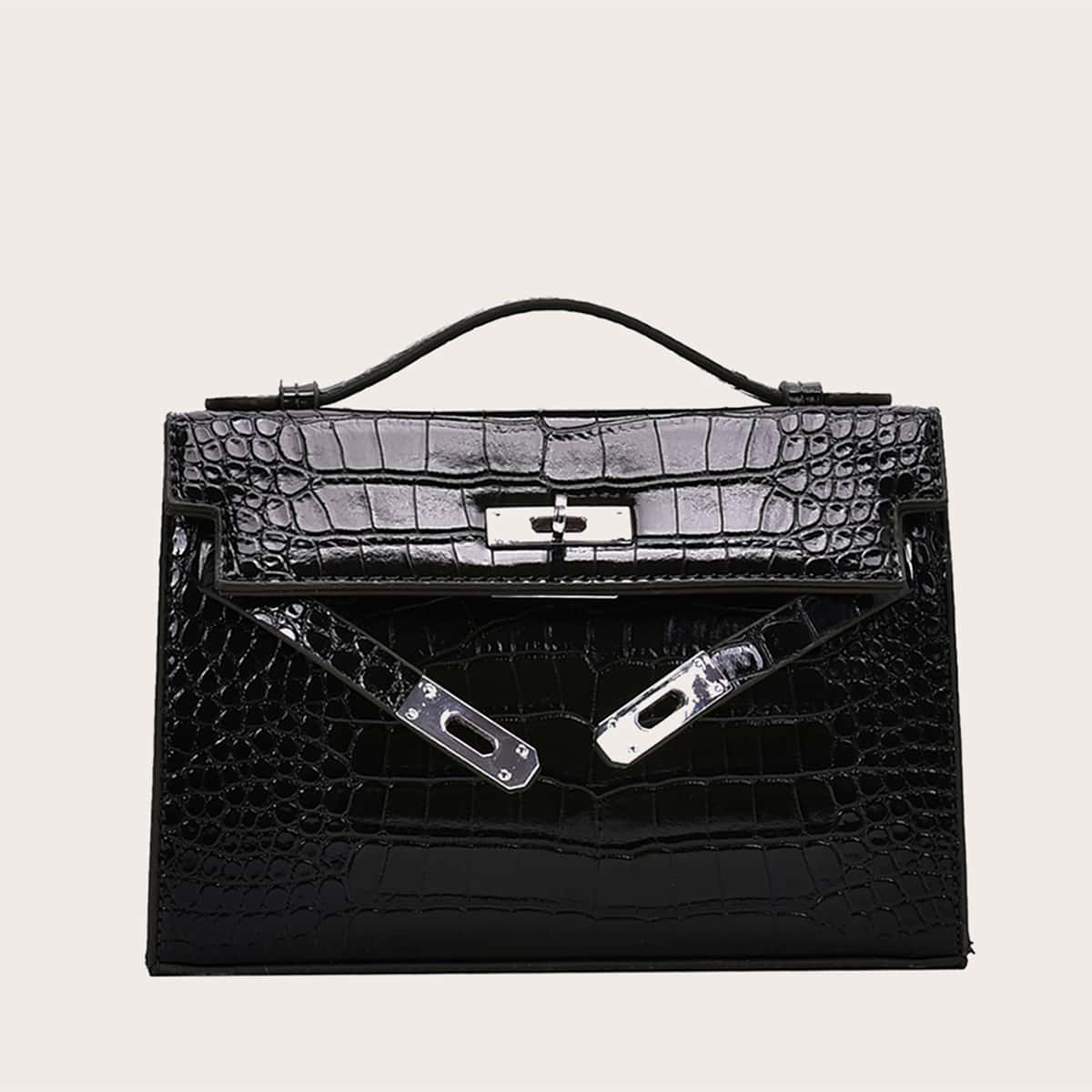 

Croc Embossed Satchel Bag, Black
