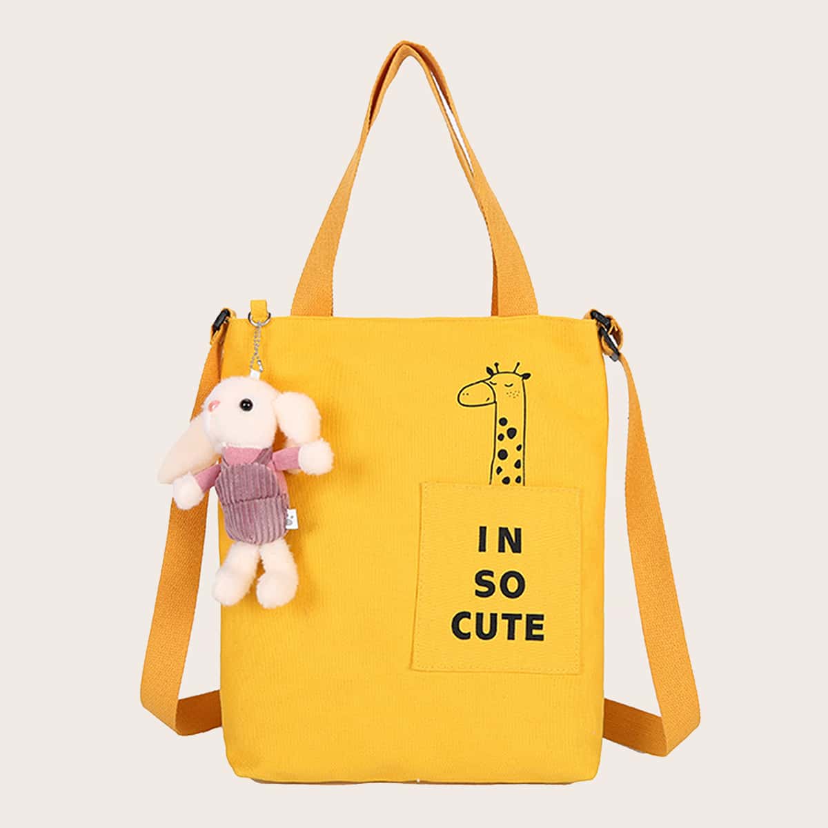 

Cartoon Graphic Tote Bag With Bag Charm, Yellow