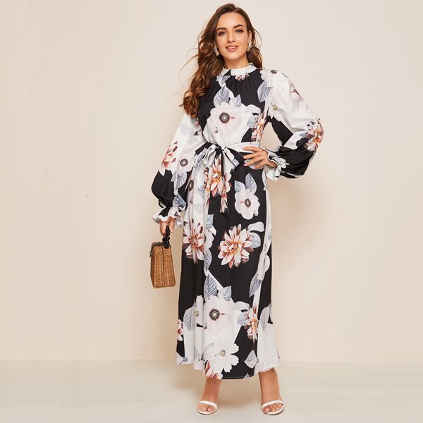 

Mock-neck Ruffle Cuff Lantern Sleeve Belted Dress, Multicolor