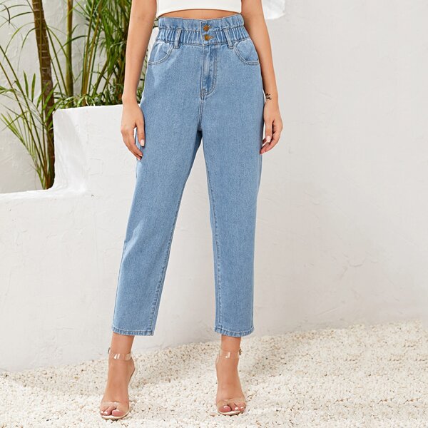 

Light Wash Paperbag Waist Mom Jeans, Blue pastel