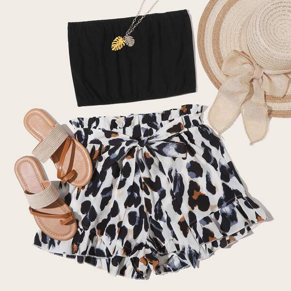 

Solid Tube Top & All Over Print Belted Paper Bag Waist Shorts, Multicolor