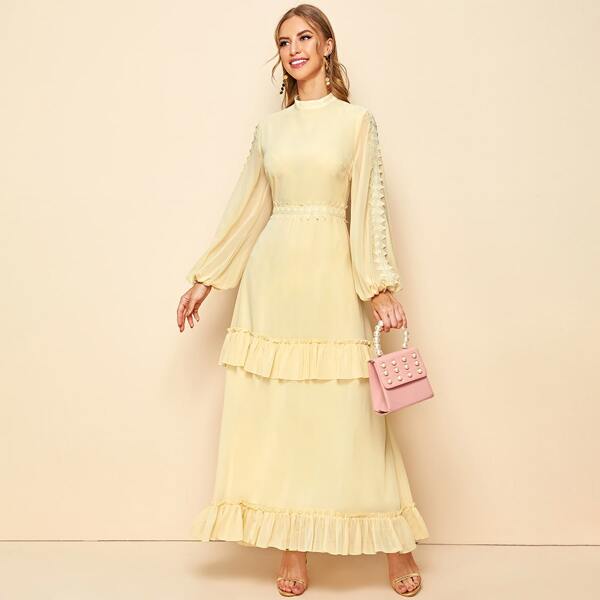 

Lantern Sleeve Guipure Lace Trim Flounce Dress, Yellow pastel