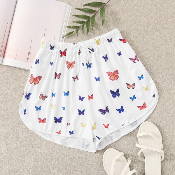 

Butterfly Print Drawstring Waist Track Shorts, White