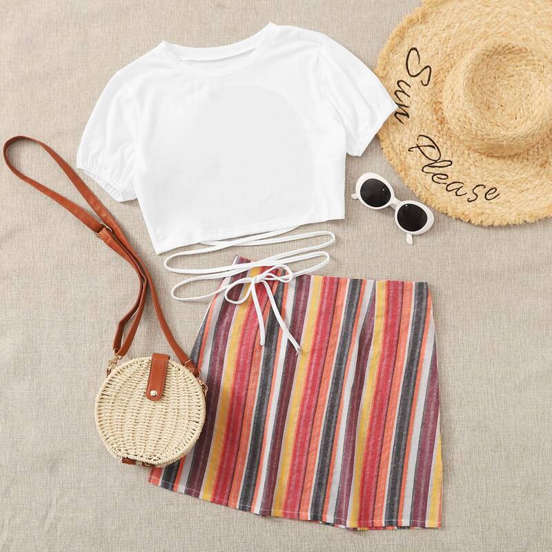 

Cut Out Criss Cross Tie Back Tee & Striped Skirt, Multicolor