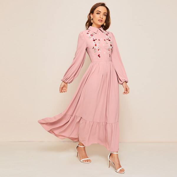 

Embroidered Floral Bishop Sleeve Ruffle Hem Dress, Pink