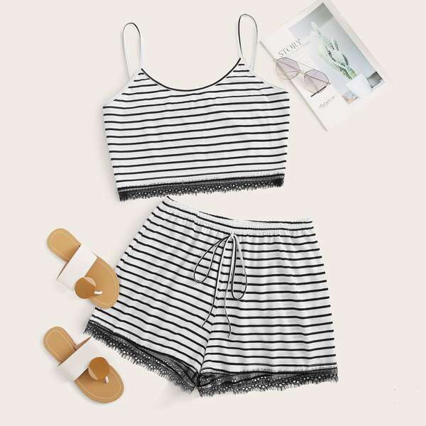 

Plus Striped Contrast Lace Cami PJ Set, Black and white