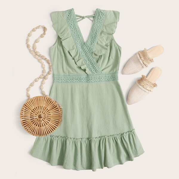 

Lace Panel Ruffle Trim A-line Dress, Green