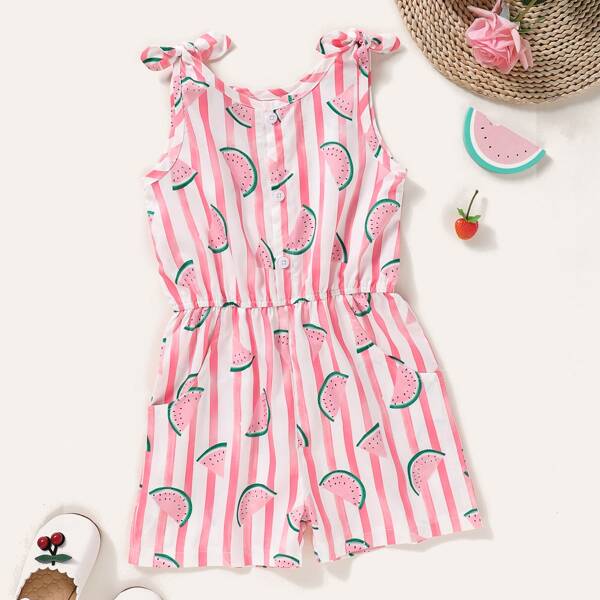 

Toddler Girls Knot Shoulder Striped Romper, Pink