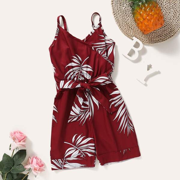 

Toddler Girls Tropical Print Self Tie Cami Romper, Burgundy