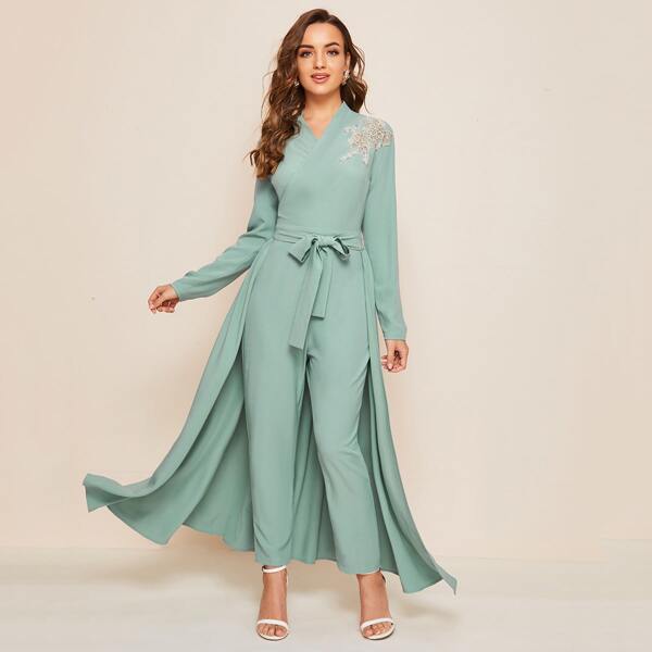 

Surplice Neck Applique Detail Tie Front Jumpsuit With Skirt, Mint green