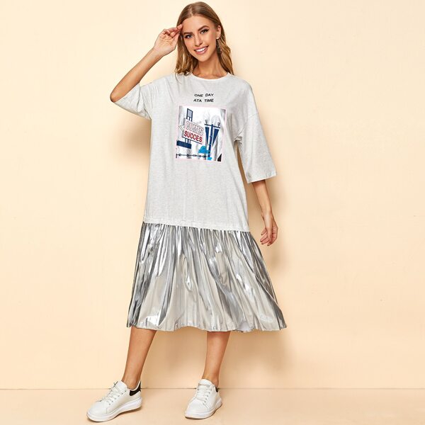 

Graphic Print Drop Shoulder PU Leather Pleated Hem Dress, Grey