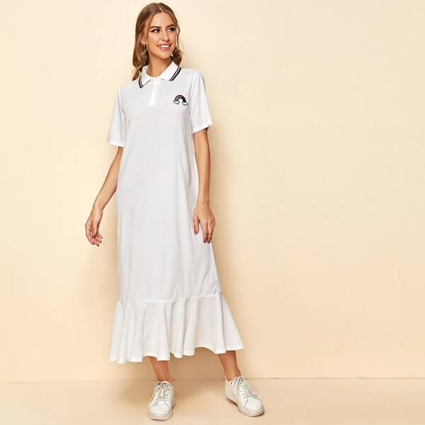 

Striped Collar Rainbow Patch Ruffle Hem Polo Dress, White