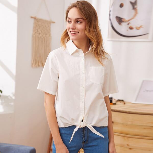 

Pocket Patched Tie Hem Blouse, White