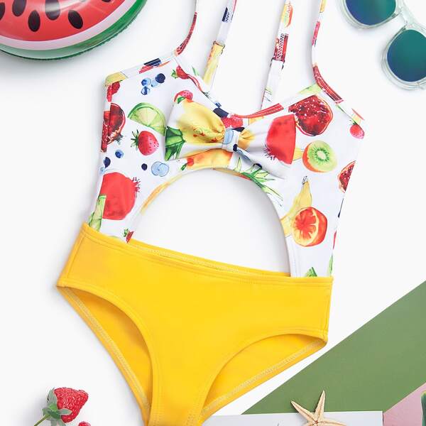 

Toddler Girls Fruit Print Bow Front One Piece Swimsuit, Multicolor