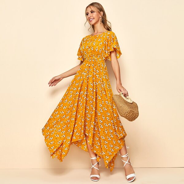 

Butterfly Sleeve Hanky Hem Ditsy Floral Dress, Yellow