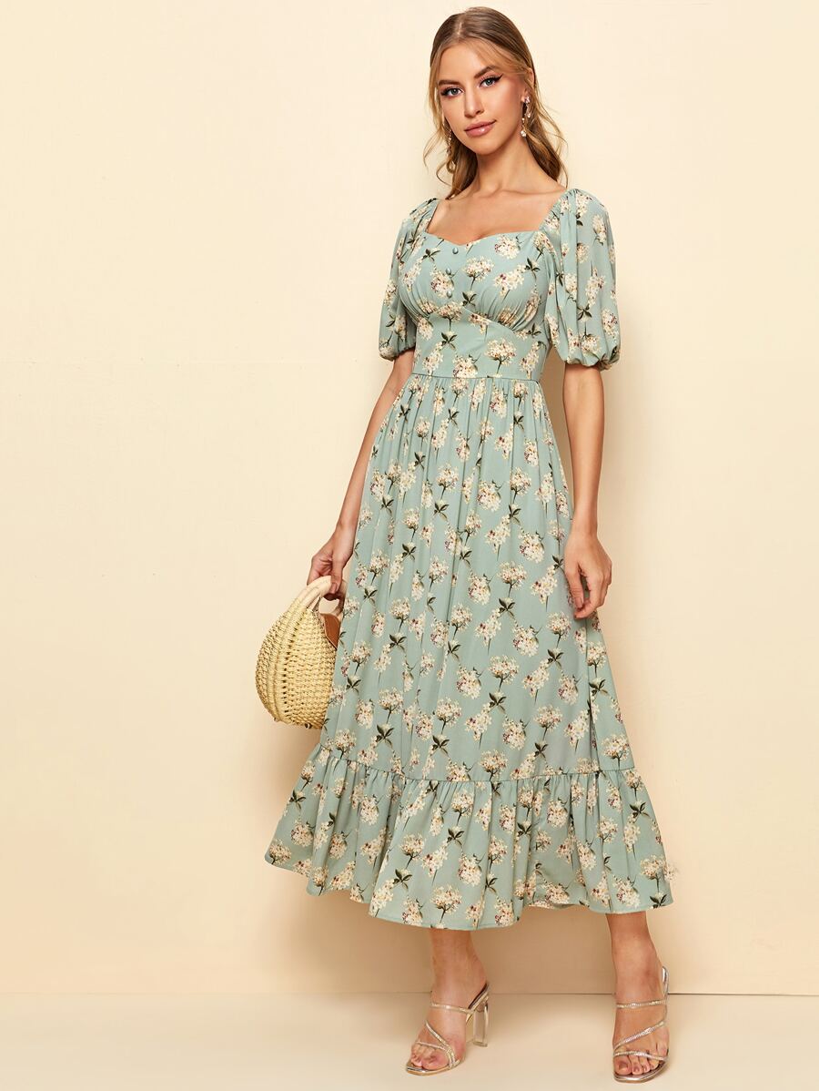 SHEIN Button Front Sweetheart Neck Floral Print Dress | SHEIN UK