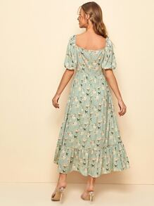 SHEIN Button Front Sweetheart Neck Floral Print Dress - Mint Green - View 2