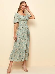 SHEIN Button Front Sweetheart Neck Floral Print Dress - Mint Green - View 4