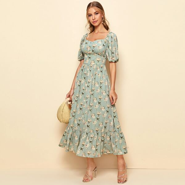 

Button Front Sweetheart Neck Floral Print Dress, Mint green