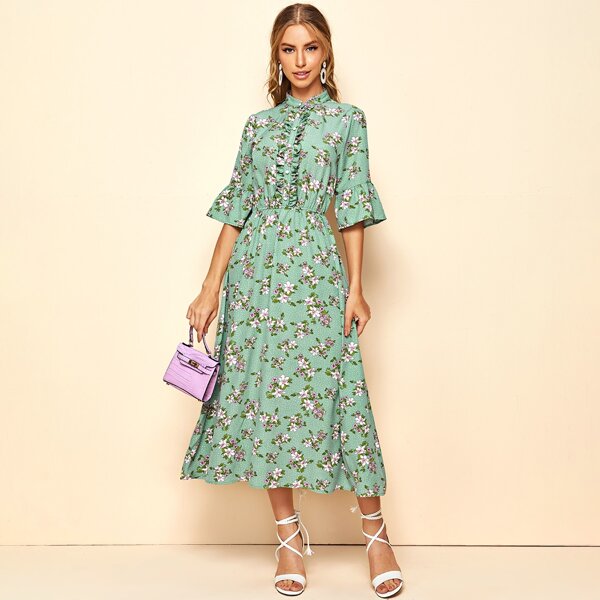 

Mock-Neck Buttoned Front Ruffle Trim Floral Print Dress, Green