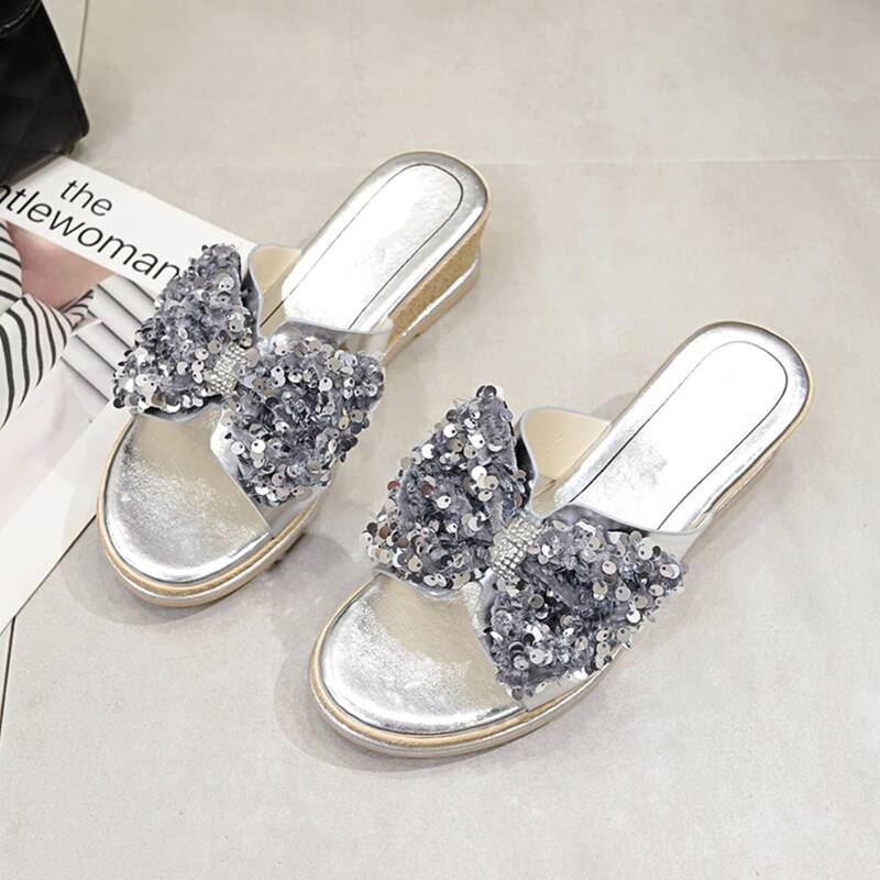 

Sequin Decor Metallic Wedge Mules, Silver