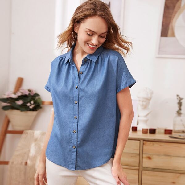 

Batwing Sleeve Curved Hem Blouse, Blue