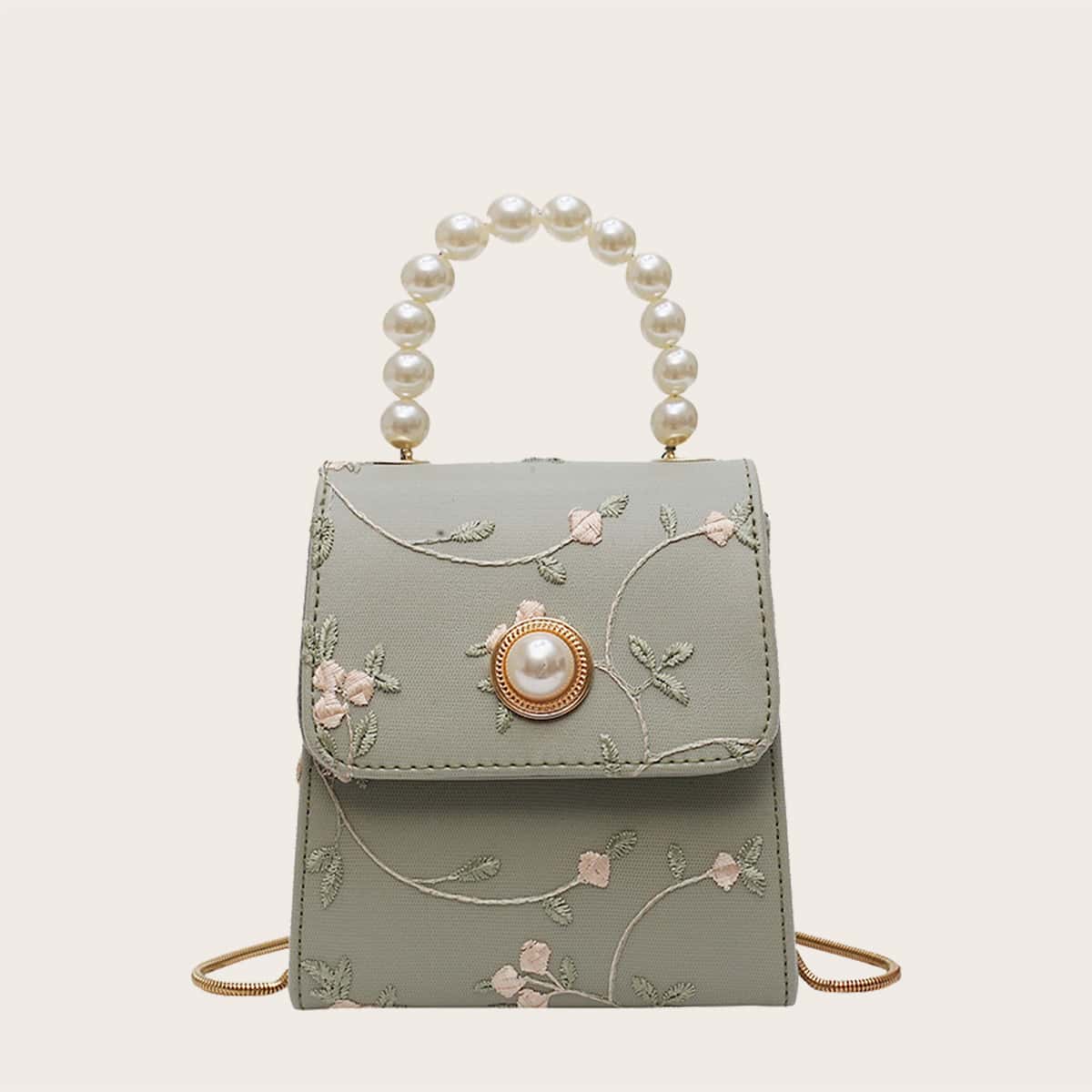 

Faux Pearl Handle Floral Embroidered Satchel Bag, Green