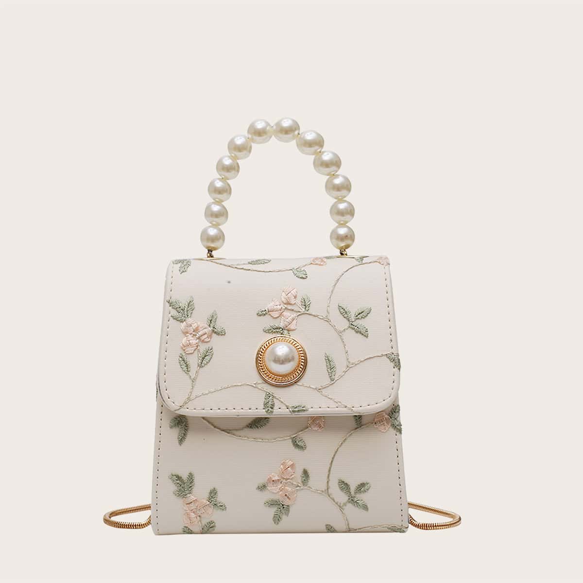 

Faux Pearl Handle Floral Embroidered Satchel Bag, Beige