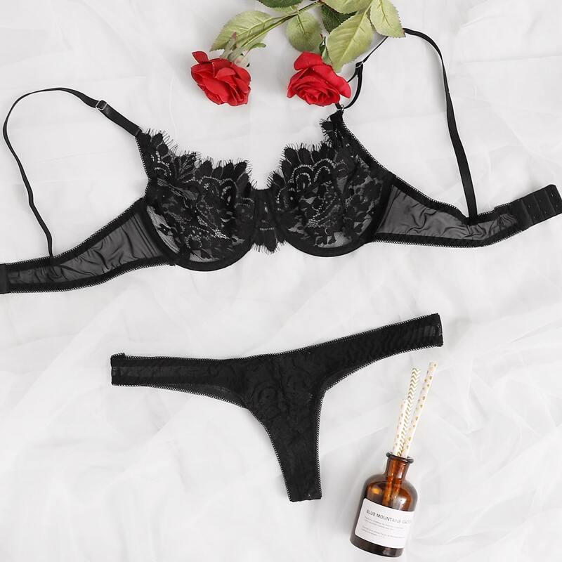 

Contrast Mesh Floral Lace Underwire Lingerie Set, Black