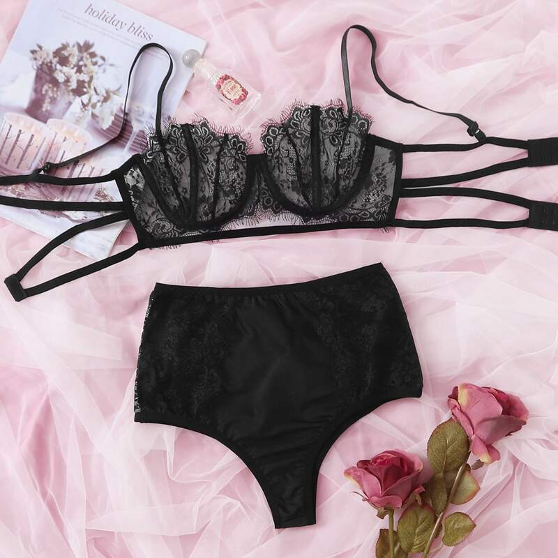 

Eyelash Lace Underwire Lingerie Set, Black