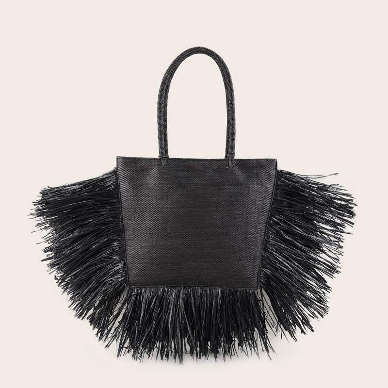

Fringe Trim Tote Bag, Black