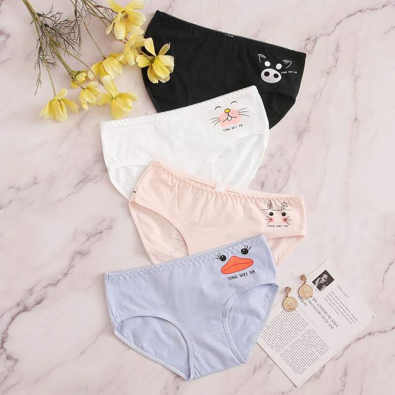 

4pack Cartoon Animal Print Panty Set, Multicolor