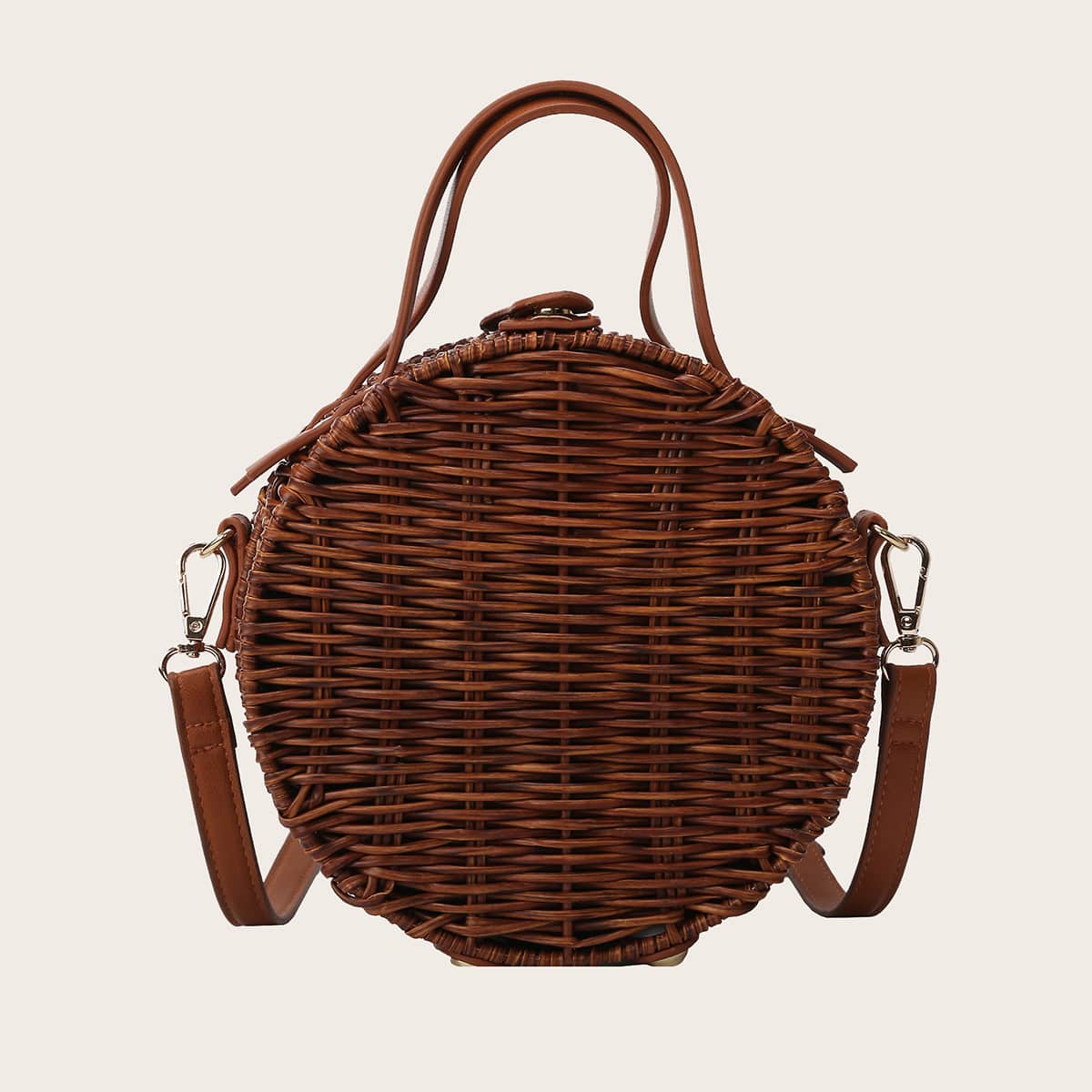 

Round Woven Rattan Satchel Bag, Brown