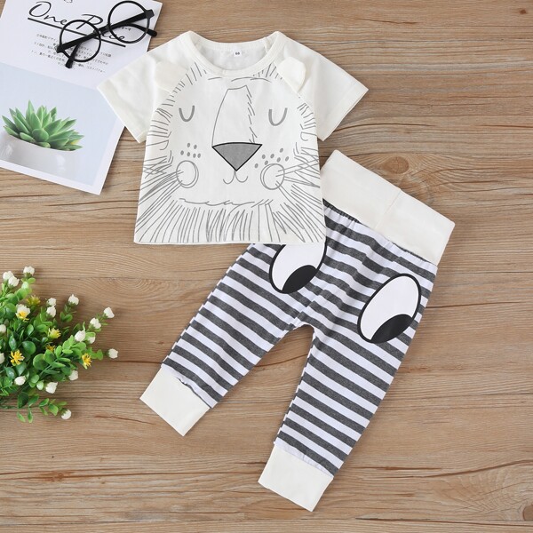 

Футболка с мультяшным принтом и полосатые спортивные брюки для мальчиков, Многоцветный