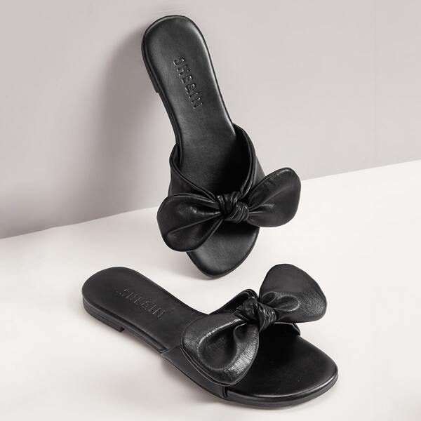 

Open Toe Bow Decor Sliders, Black