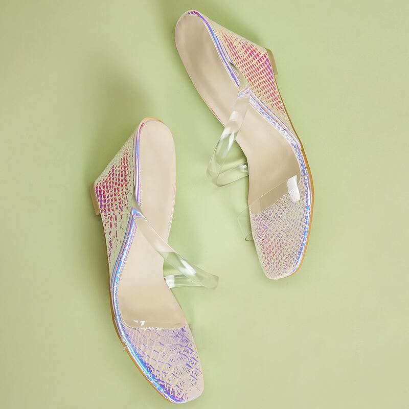 

Clear Open Toe Wedge Mules