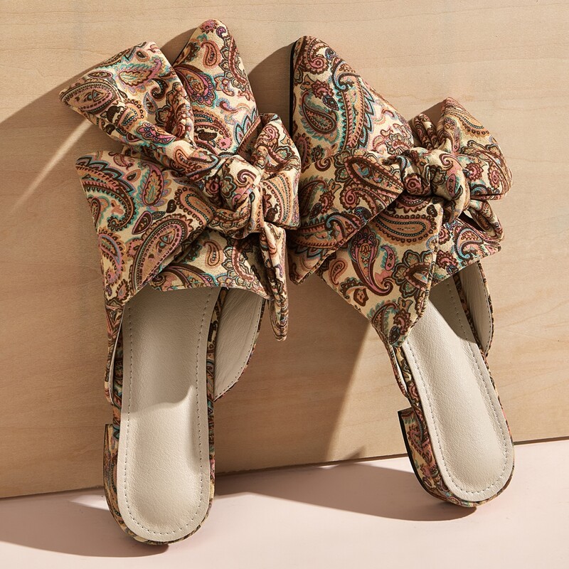 

Bow Decor Floral Graphic Loafer Mules, Multicolor